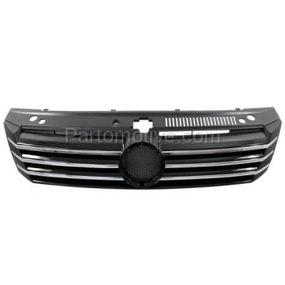 Aftermarket Replacement - GRL-2630C CAPA 2012-2015 Volkswagen Passat Front Center Face Bar Grille Assembly Painted Black Shell & Insert with 6 Chrome Molding Strips Plastic