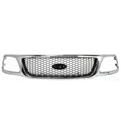 Aftermarket Replacement - GRL-1466 1999-2003 Ford F-150 & 1999 F-250 Pickup Truck (Lariat, XL, XLT) (4WD) Front Grille  Assembly Chrome Shell & Black Honeycomb Insert