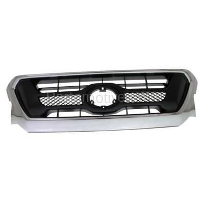 Aftermarket Replacement - GRL-2559 2012-2015 Toyota Tacoma Pickup Truck Front Center Face Bar Grille Assembly Chrome Shell & Painted Black Insert Plastic without Emblem