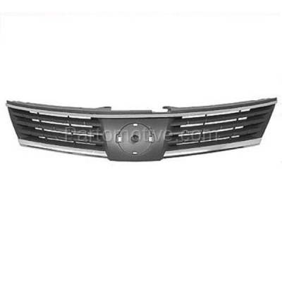 Aftermarket Replacement - GRL-2271C CAPA 2007-2009 Nissan Versa (S & SL) 1.8L (Hatchback & Sedan) Front Center Grille Assembly Chrome Shell with Black Insert Plastic