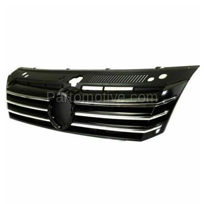 Aftermarket Replacement - GRL-2630C CAPA 2012-2015 Volkswagen Passat Front Center Face Bar Grille Assembly Painted Black Shell & Insert with 6 Chrome Molding Strips Plastic - Image 2